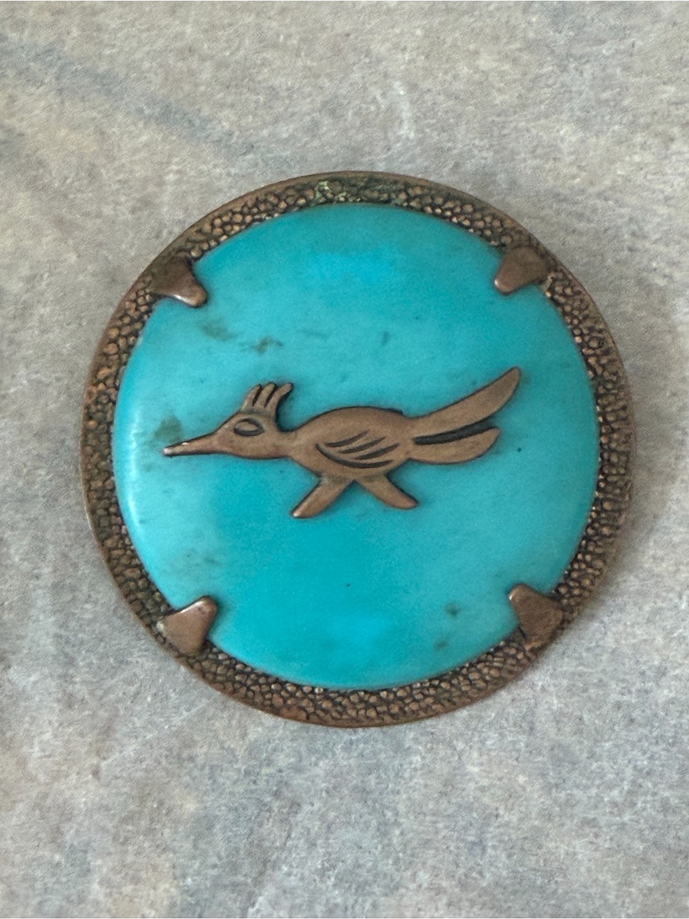 Vintage Bell Trading Post Solid Copper Roadrunner Turquoise Bolo Tie Slide